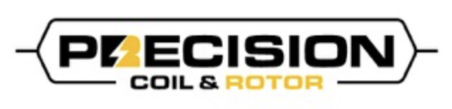 Logo for P2E Cision, with the words "Coil & Rotor" beneath, featuring a stylized lightning bolt in place of the number 2.