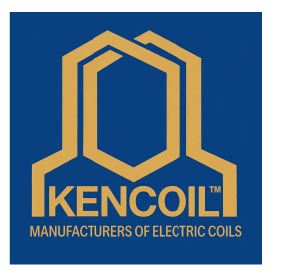 Kencoil logo with gold hexagonal design and text for manufacturers of electric coils on a blue background.