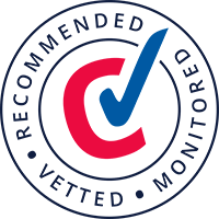 A circular badge with the text 'RECOMMENDED' and 'MONITORED' around the border, a check mark, and a stylized letter 'C' in the center, using blue and red colors.