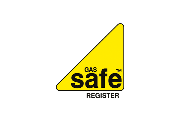 Yellow triangle logo with black text that reads "Gas Safe" and a smaller word "Register" underneath. Offcial gas safety registered logo.