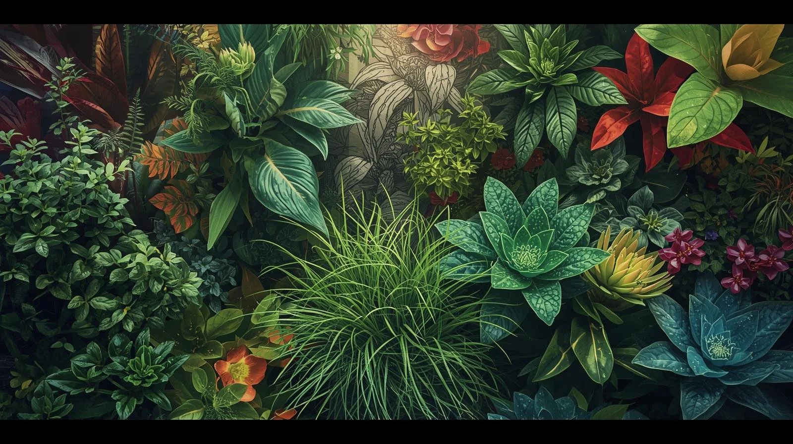 Lush green and colorful plants with various leaves and flowers in a dense garden setting.