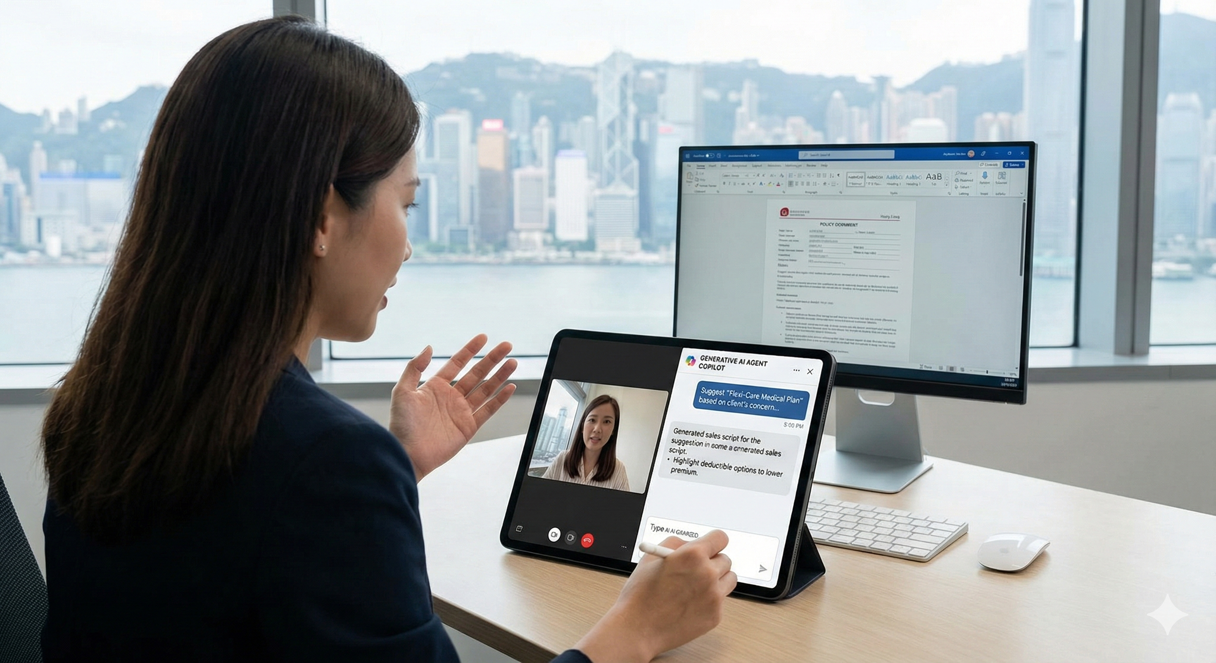 A woman sitting at a desk in front of a large window with a city skyline view. She is on a video call using a tablet, and there is a computer monitor displaying a document in the background.
