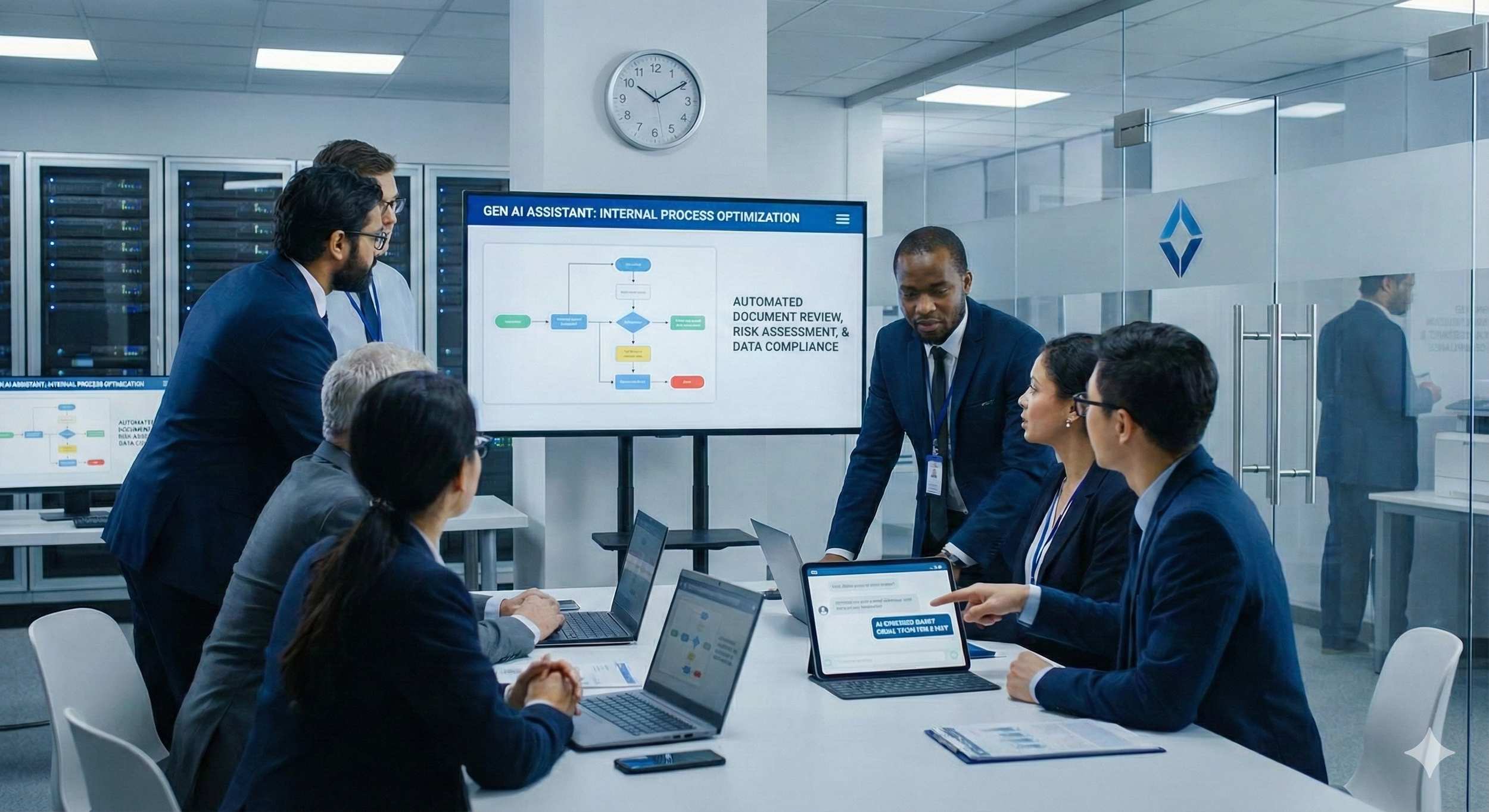 Business team in a conference room working on laptops and discussing a presentation on internal process optimization, with a large screen displaying a flowchart and text about AI automation.