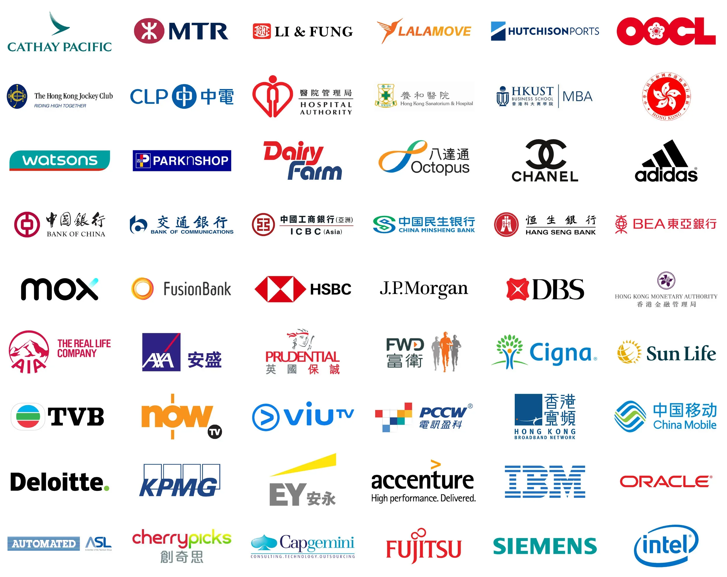 Collection of logos from various companies and organizations, including Cathay Pacific, MTR, Li & Fung, Lalamove, Hutchison Ports, OCGL, Hong Kong Jockey Club, hospitals, banks, insurance companies, and technology firms.