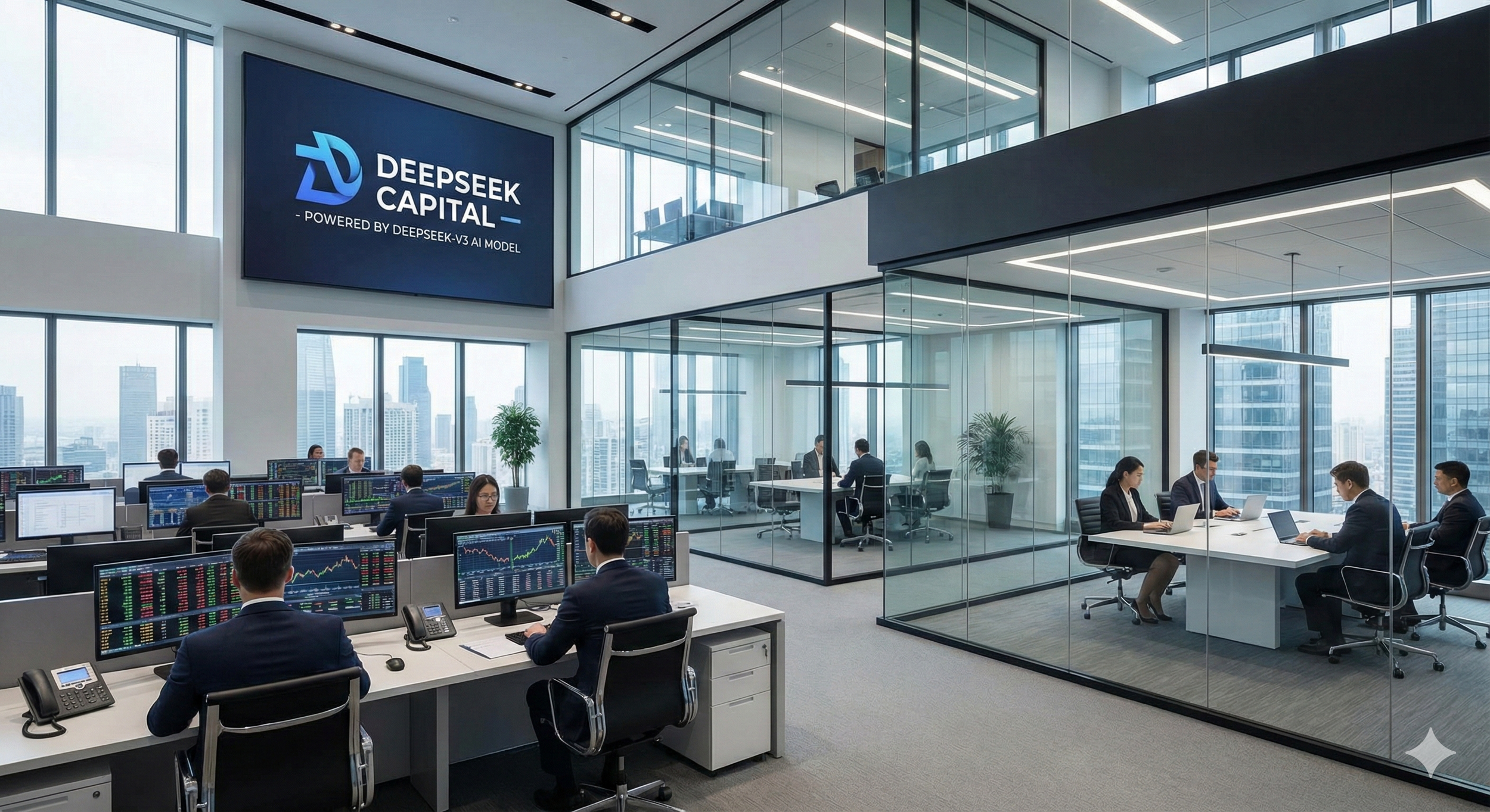 Office trading room with multiple employees working at desks, multiple computer monitors displaying stock charts and data, large windowed walls showing a city skyline, and a large digital screen displaying 'Deepseek Capital - Powered by Deepseek-V3 AI Model'.