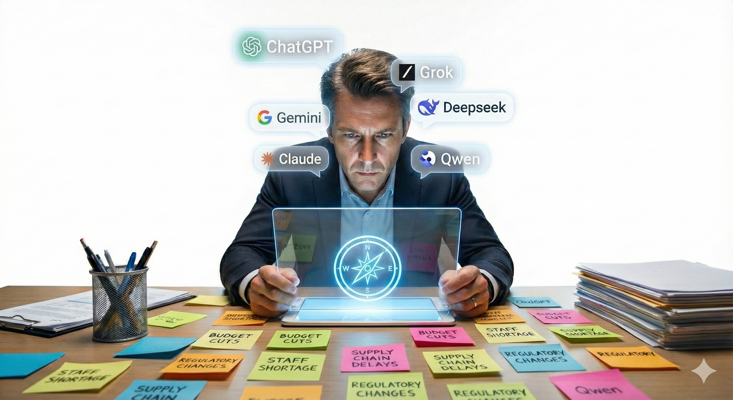 A man in a suit sitting at a desk, looking at a transparent digital device with a compass display. The desk is cluttered with colorful sticky notes and papers. Floating around him are speech bubbles with logos and names of AI tools, including ChatGPT, Grok, Deepseek, Gemini, Claude, and Qwen.