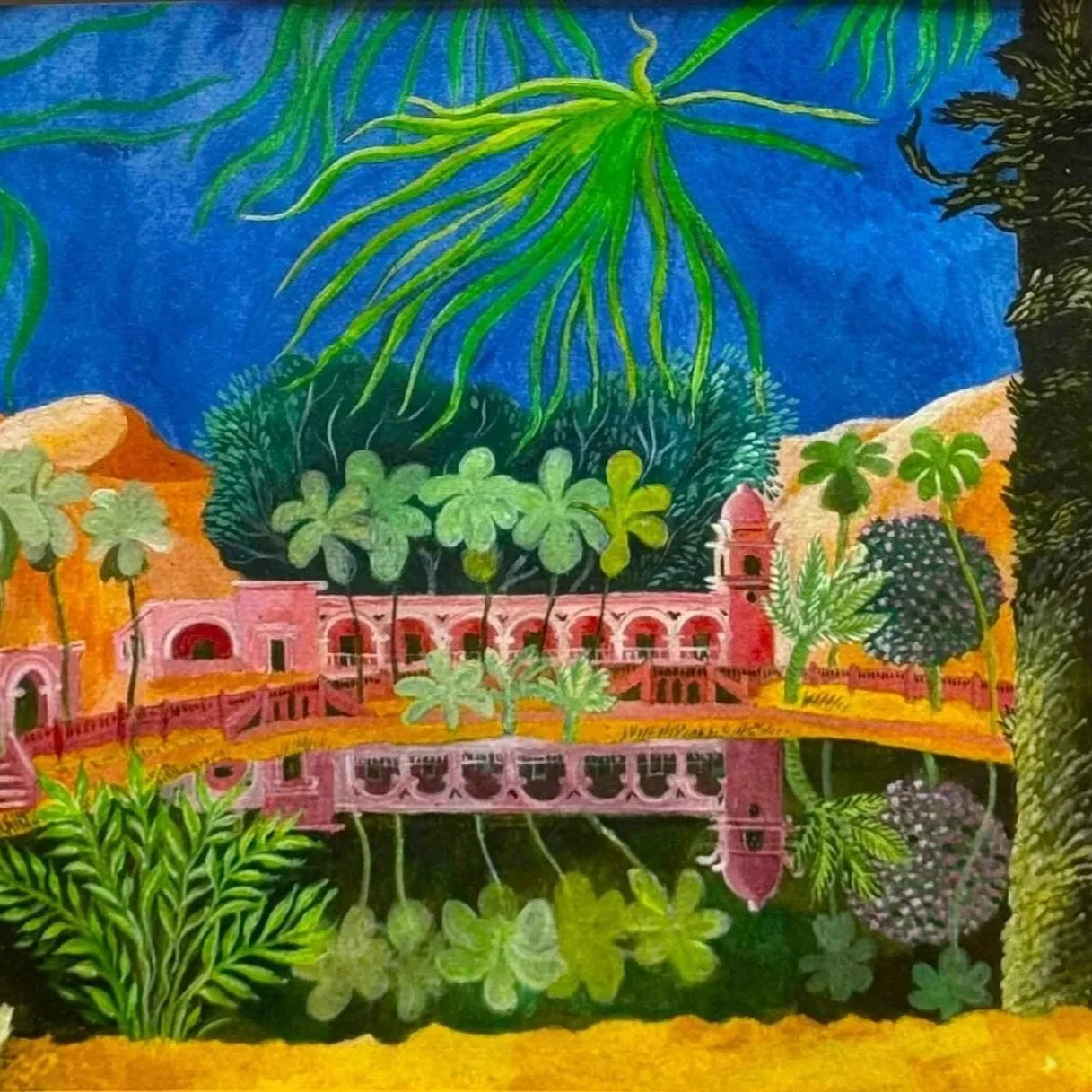 Colorful painting of a pink building with arches surrounded by lush greenery, palm trees, and mountains in the background, reflected in a body of water.