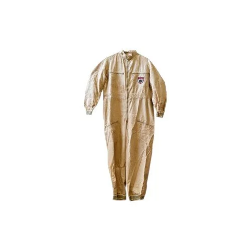 A beige flight suit with a small patch on the chest and zipper closures, laid flat against a white background.
