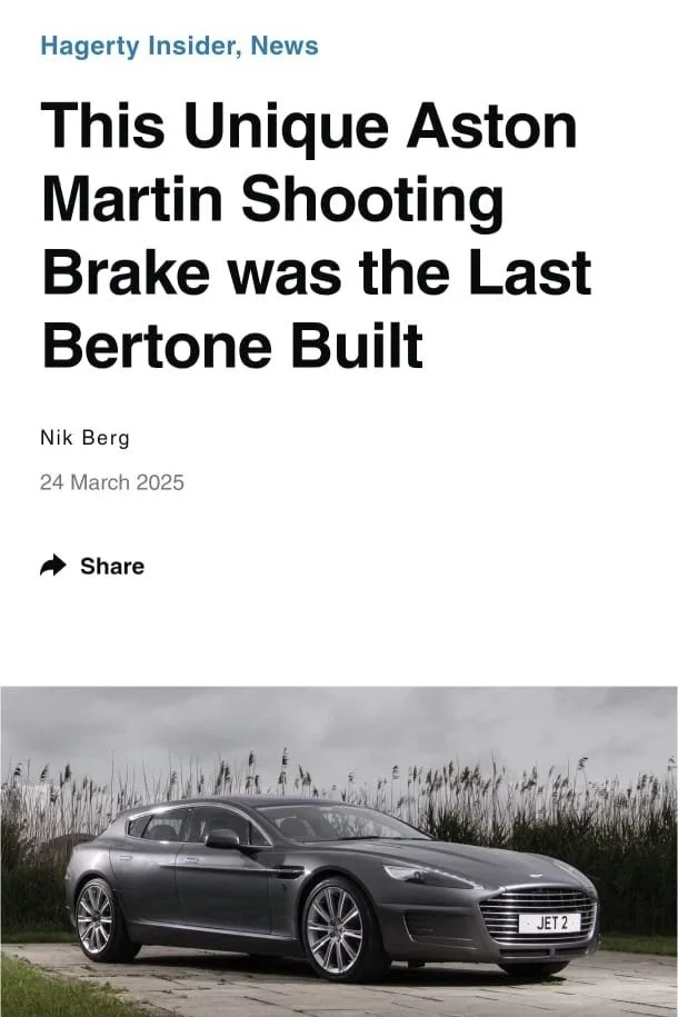 Article headline about a unique Aston Martin shooting brake, accompanied by a photo of a sleek gray Aston Martin car parked outdoors with tall grass and cloudy sky in the background.