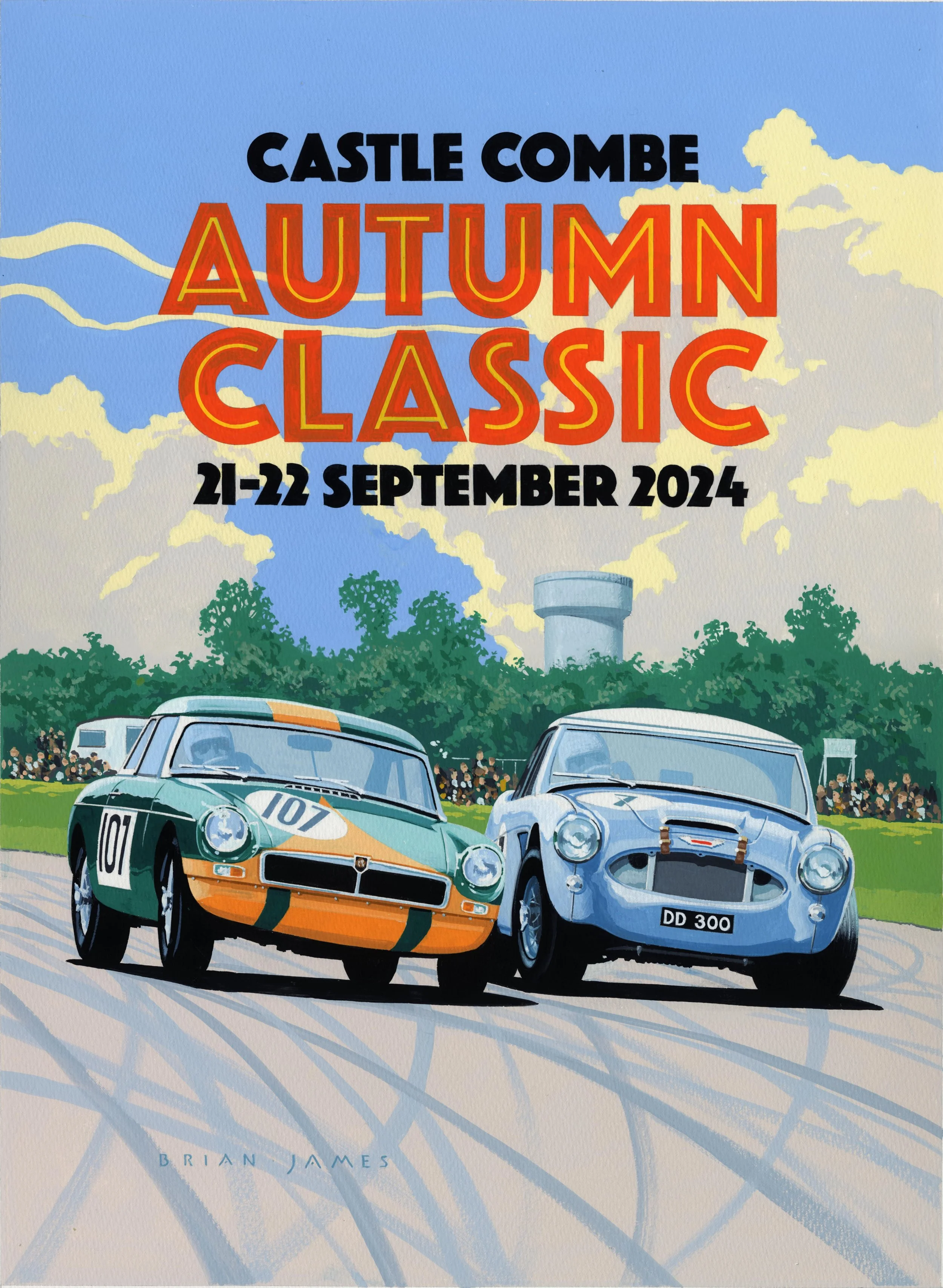 Poster for the Castle Combe Autumn Classic event scheduled for September 21-22, 2024, featuring vintage race cars on a track with a large crowd in the background and a colorful sky.