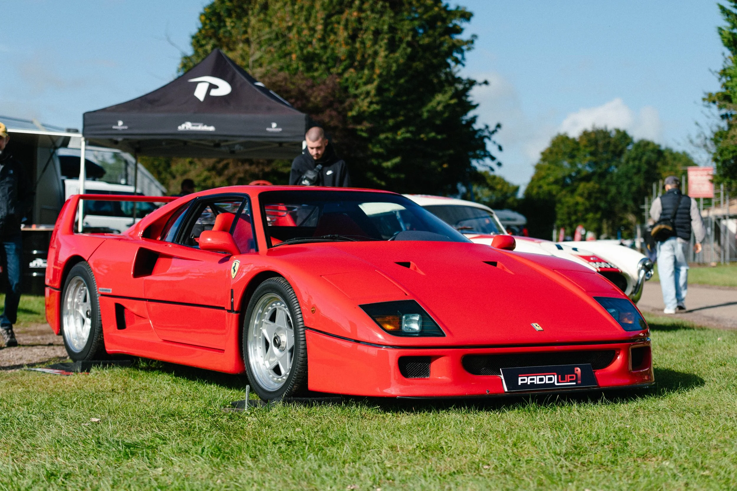 Red Ferrari F40 sports car displayed on grass at a car show, with other classic cars and people in the background.