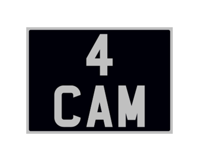 Black rectangle with large white text displaying '4 CAM'.