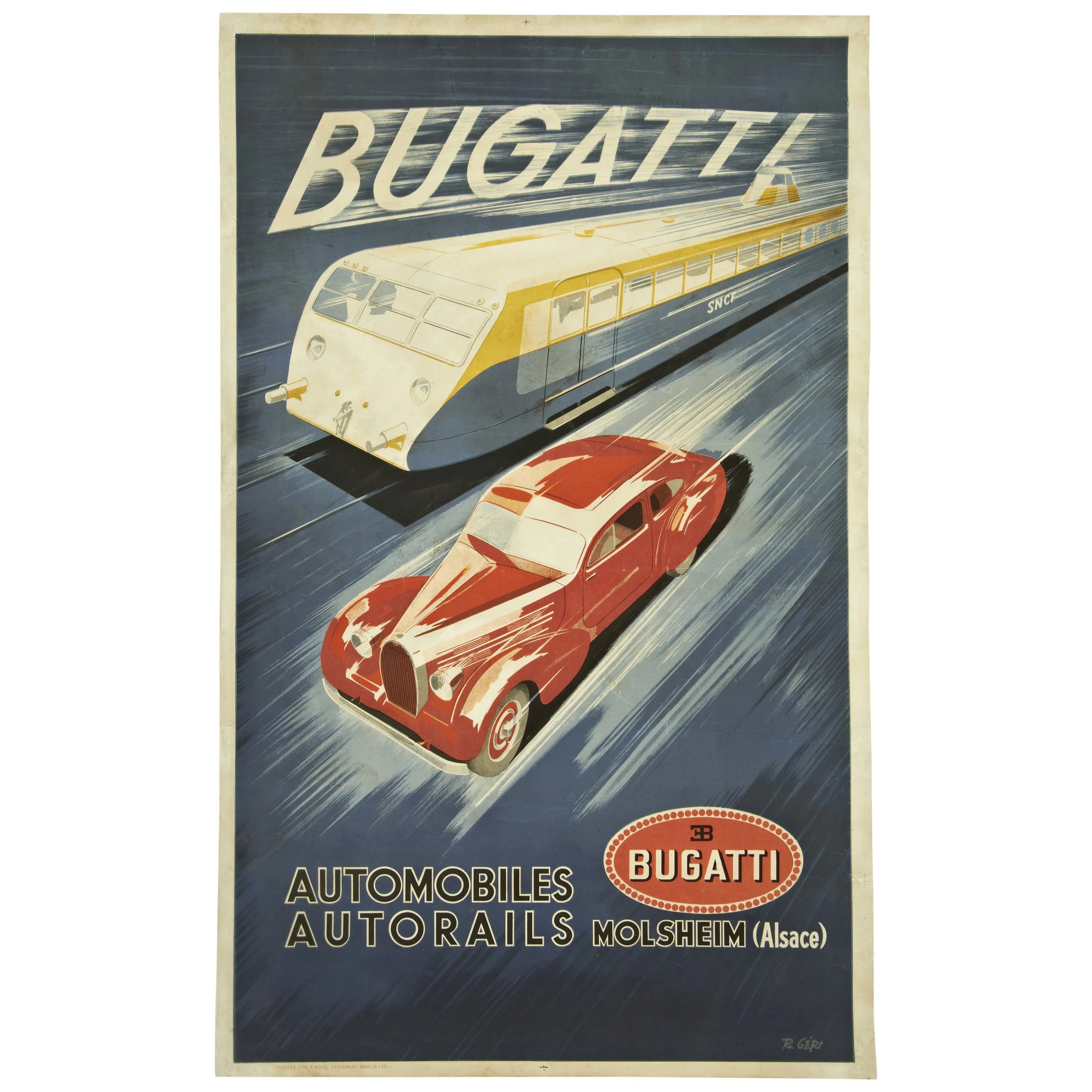 Vintage poster featuring a blue and white electric train and a red sports car racing on tracks, with the text 'BUGATTI' and 'AUTOMOBILES AUTORAILS MOLSHEIM (Alsace)' at the bottom.