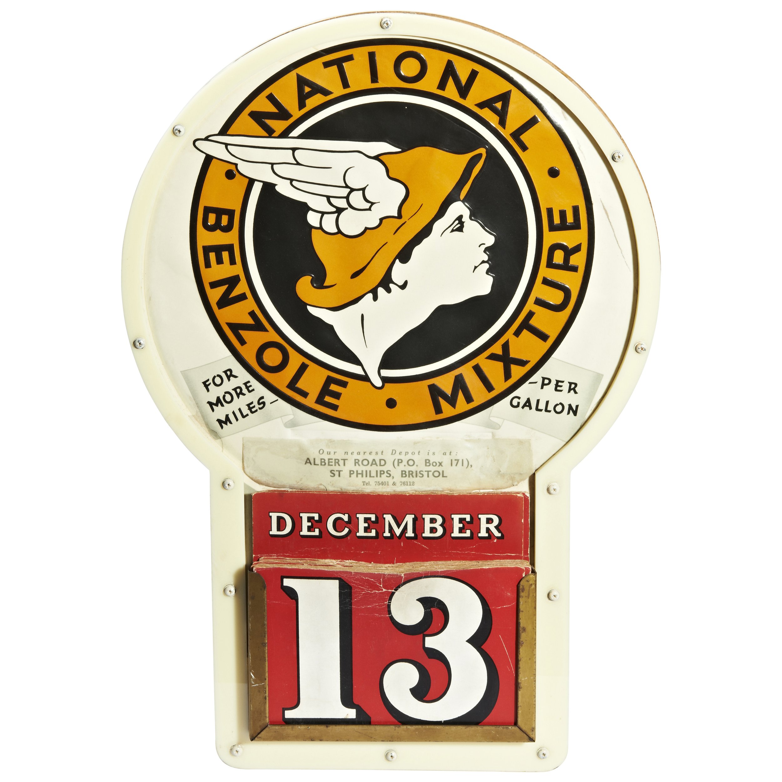 Vintage sign for National Benzole Micturite with a profile of a woman wearing an orange hat with a winged design, displaying December 13.