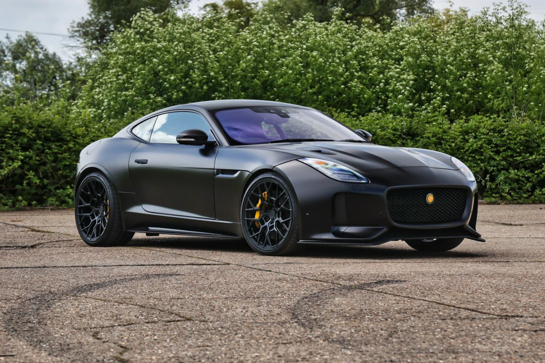 A black sports car parked on a paved surface with greenery and bushes in the background.
