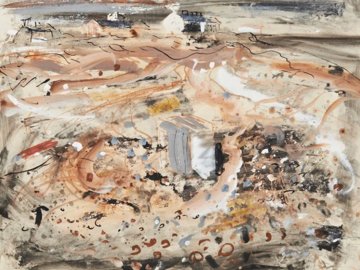 Abstract painting with earthy tones, streaks, splashes, and blotches of brown, black, white, and hints of blue.