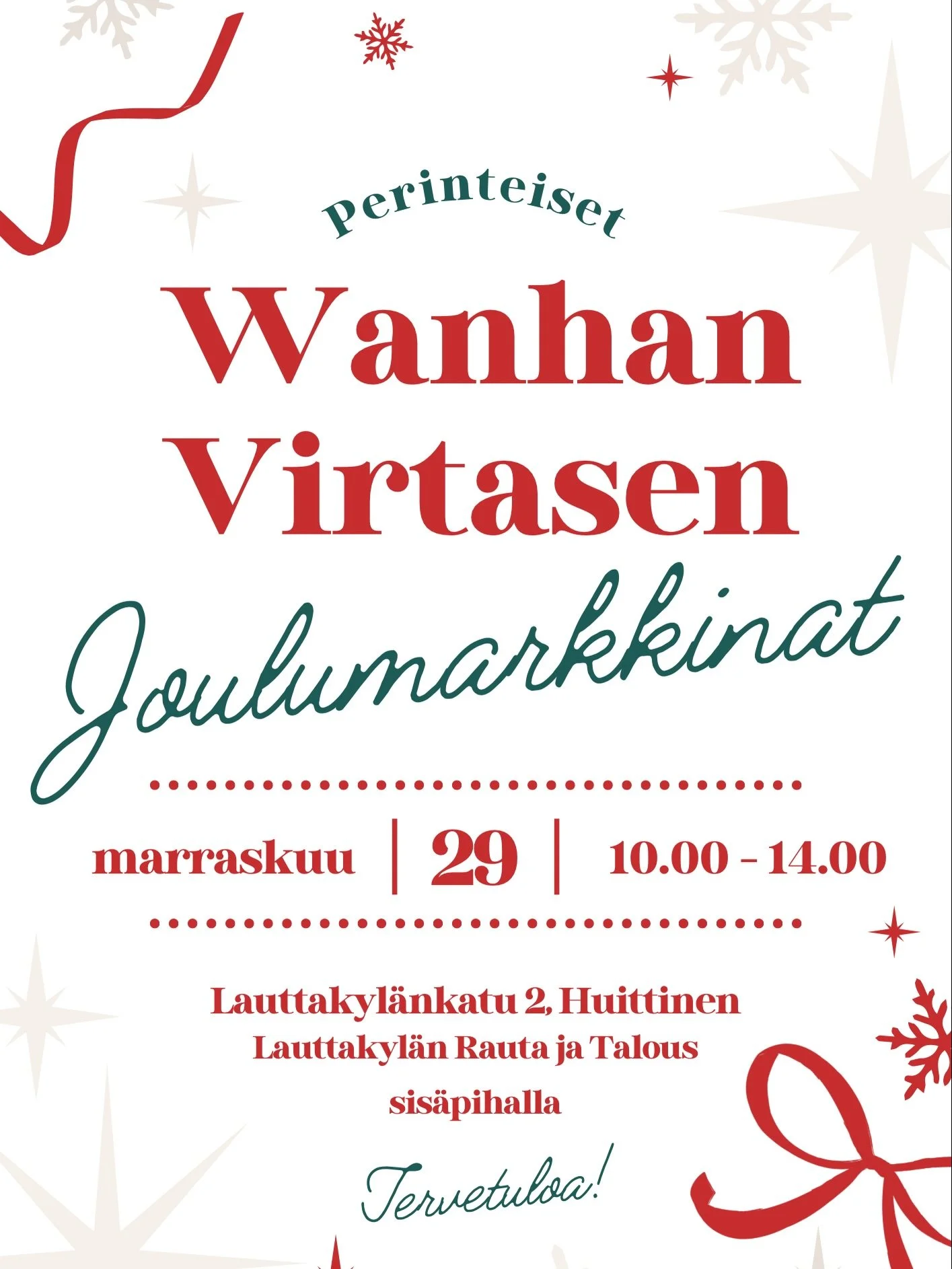 Lauantaina 29.11 Wanhan Virtasen joulumarkkinat klo 10-14 Virtasen kaupalla sek&auml; sen takana olevalla vanhalla viljamaksiinilla. Tule tunnelmoimaan joulua ja tekem&auml;&auml;n hankintoja. 
Myynniss&auml; ainakin kransseja, koruja, villasukkia, h