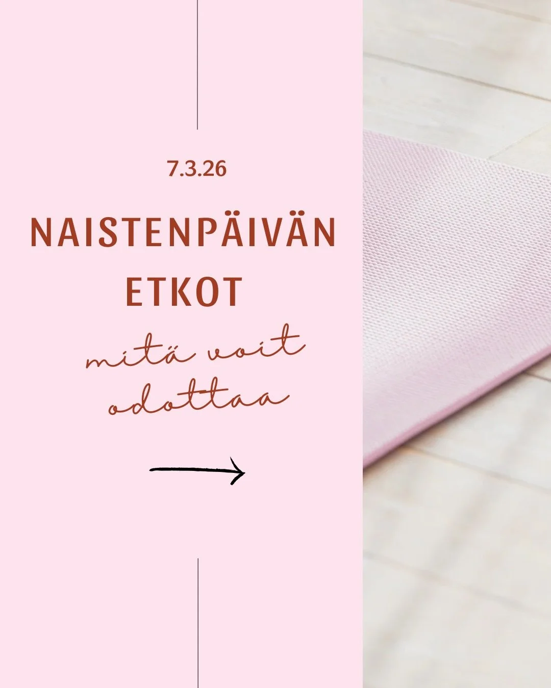 Naistenp&auml;iv&auml;&auml; vietet&auml;&auml;n tasan kuukauden p&auml;&auml;st&auml; ja me haluttiin @niinafili kanssa j&auml;rjest&auml;&auml; naisille oma tapahtuma hyvinvoinnin &auml;&auml;rell&auml;. 🫶🏼
Naistenp&auml;iv&auml;n etkot j&auml;rj