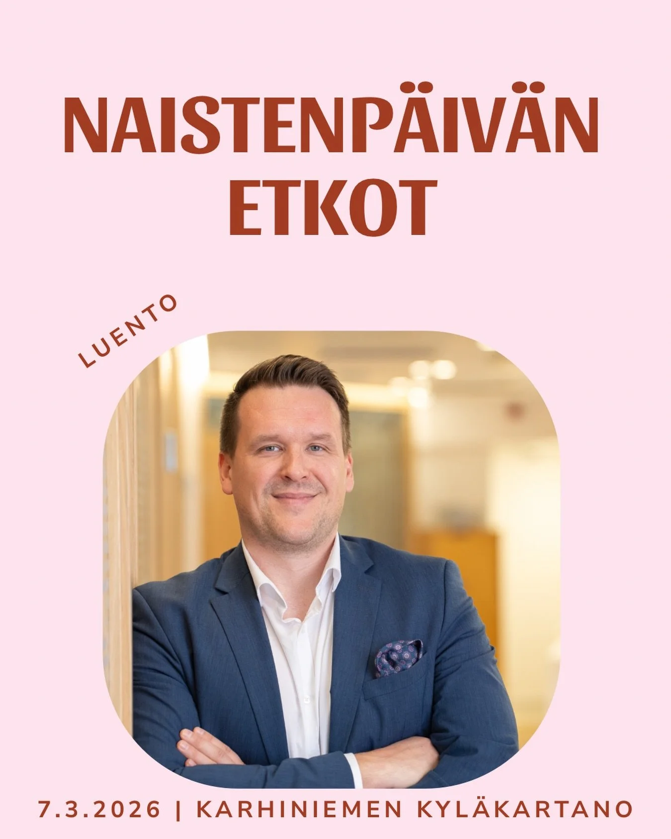 Kyll&auml; Karhiniemelle yks mieskin mahtuu 😁
Sijoitusp&auml;&auml;llikk&ouml; Jyrki Varjonen tulee kertomaan naisten vaurastumisesta. 💰

&ldquo;Ty&ouml;skentelen sijoitusp&auml;&auml;llikk&ouml;n&auml; OP Satapirkassa. Esitykseni aiheena on s&auml