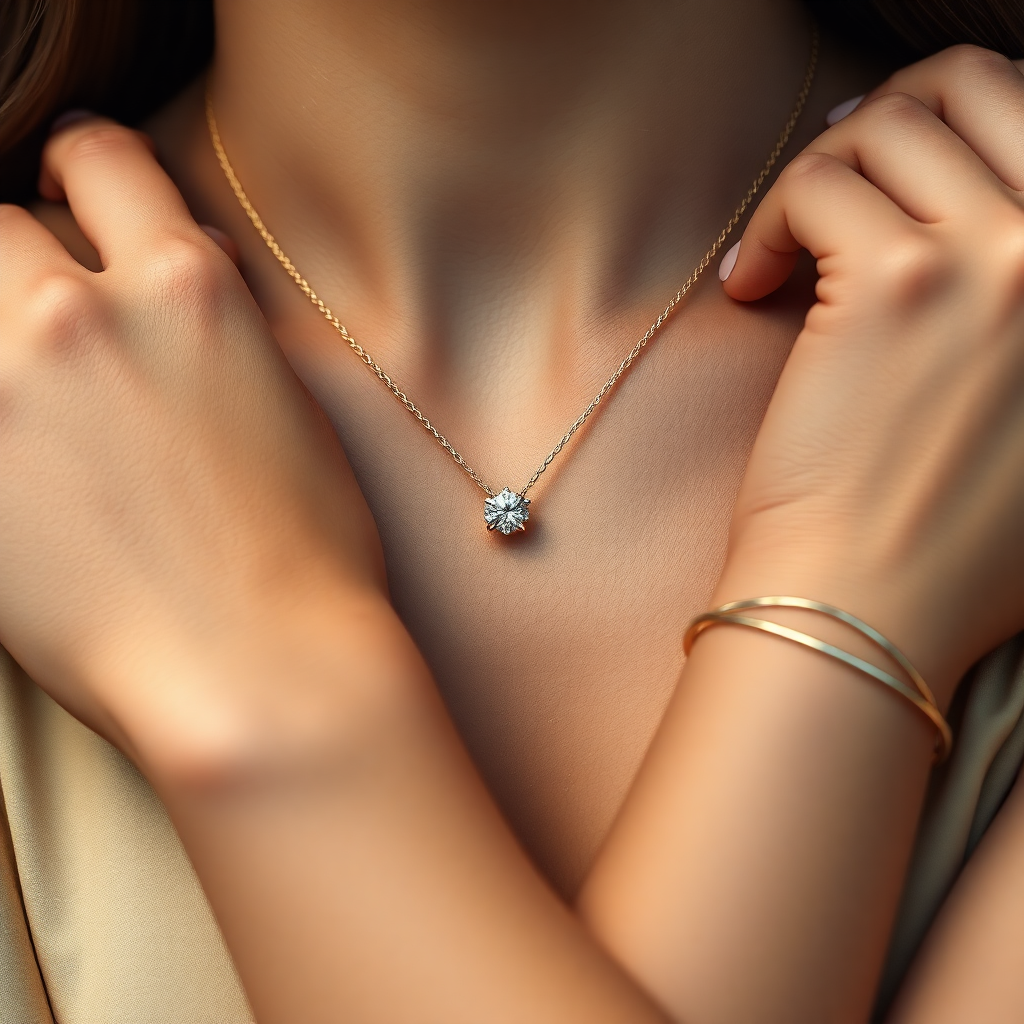 Collana con pendente di diamanti indossata da una donna, con braccialini dorati e mani che toccano il collo- gioielleria Genova GMO