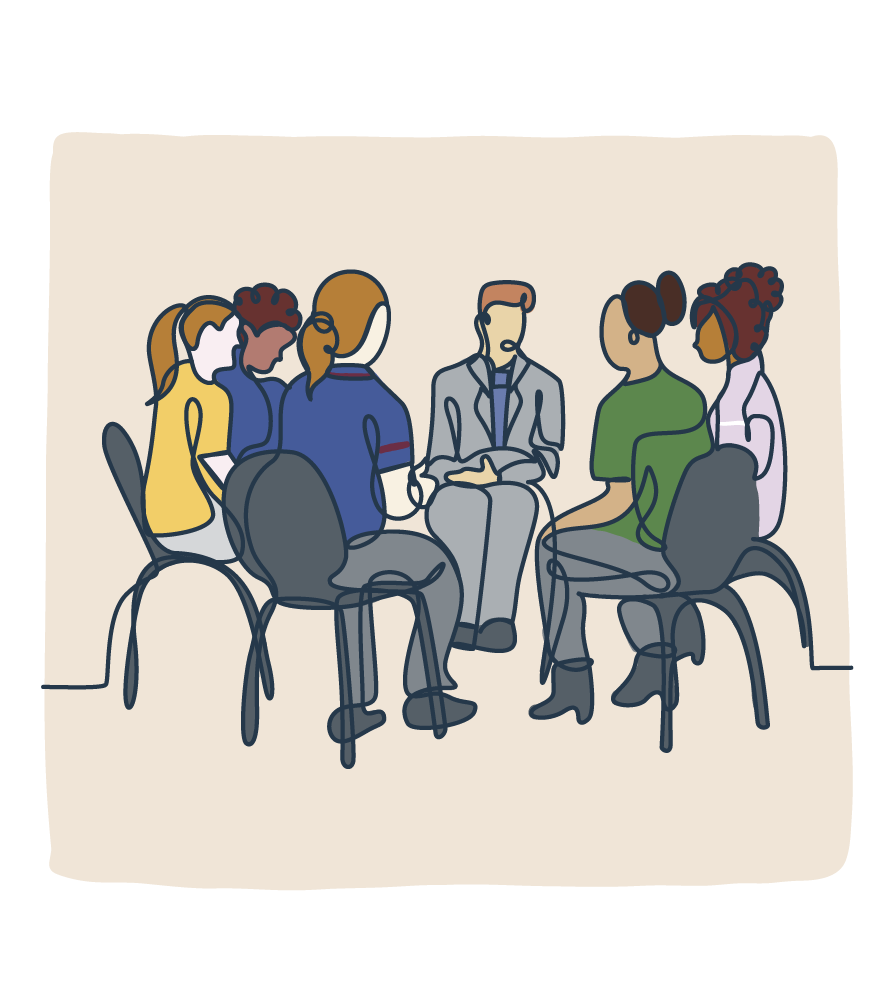 Illustration of six women and one man sitting in a circle, having a discussion in a casual setting.