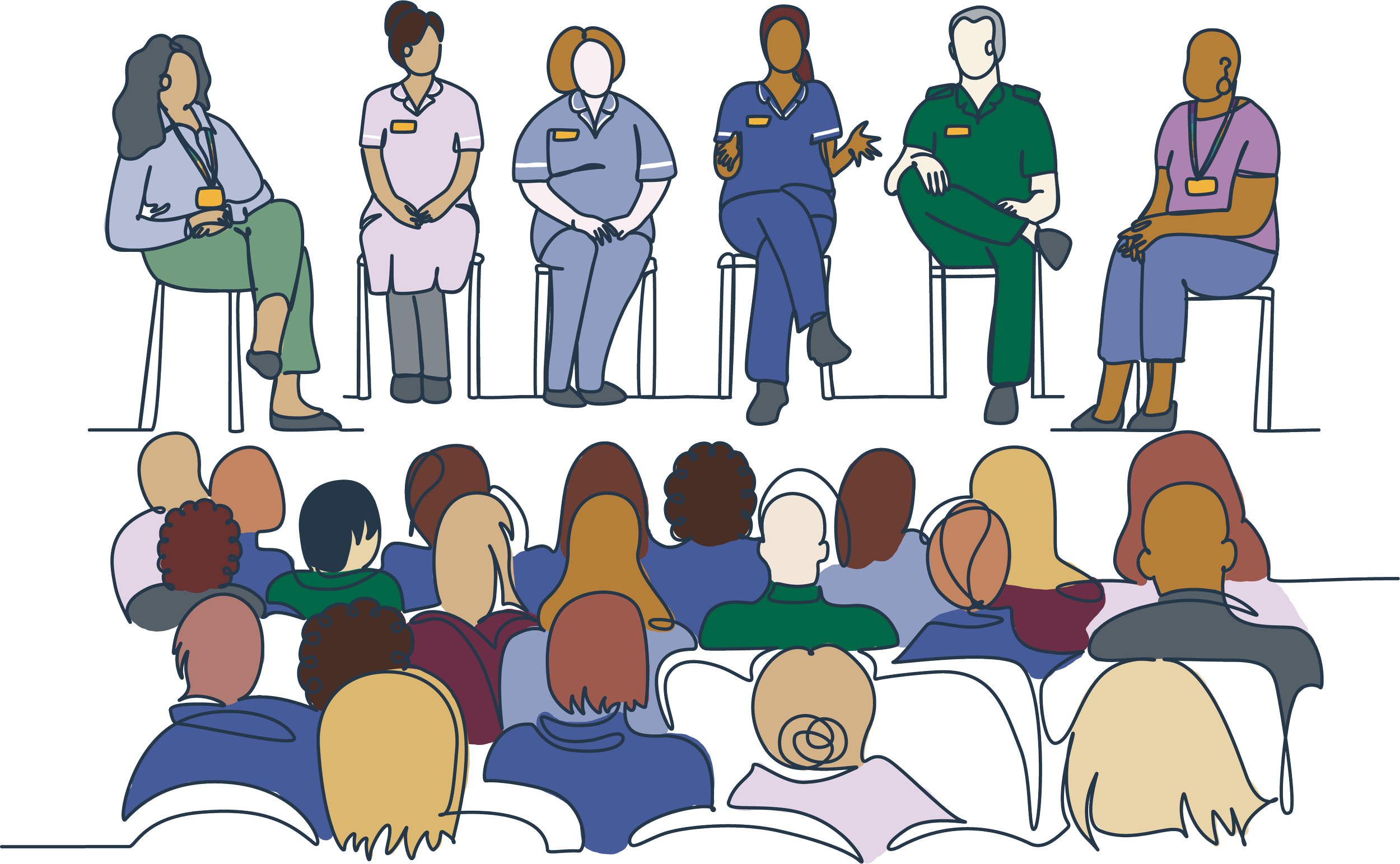 Panel discussion with six healthcare professionals on stage, and an audience of diverse people listening.