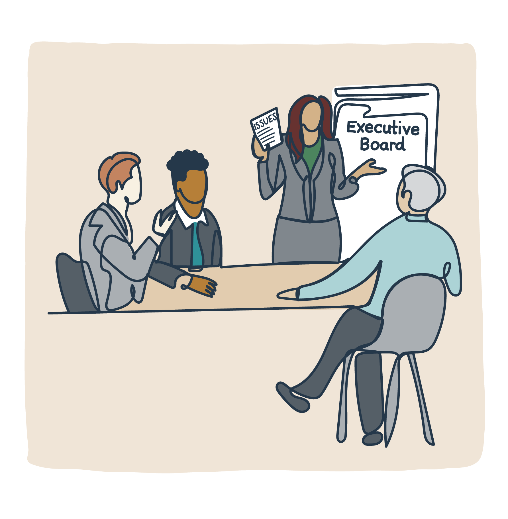 A woman presenting to two men during a business meeting, holding a paper labeled 'Issues' and gesturing towards a board with 'Executive Board' written on it.