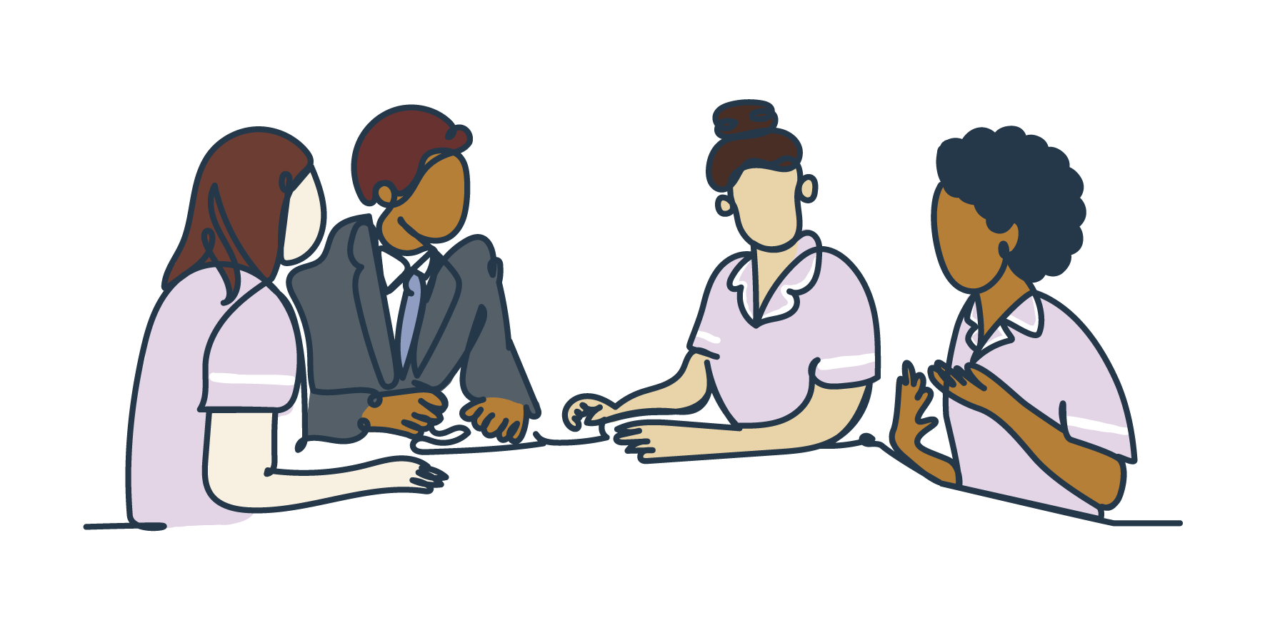 A diverse group of four women engaged in a discussion at a table, with one gesturing with her hands.