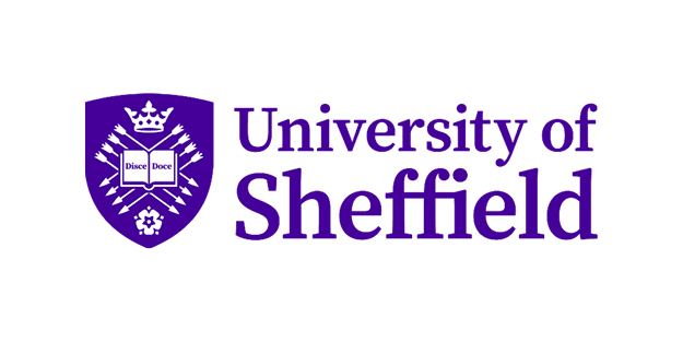 University of Sheffield logo with a purple shield emblem featuring a crown, open book, and a flower, alongside the text 'University of Sheffield' in purple.