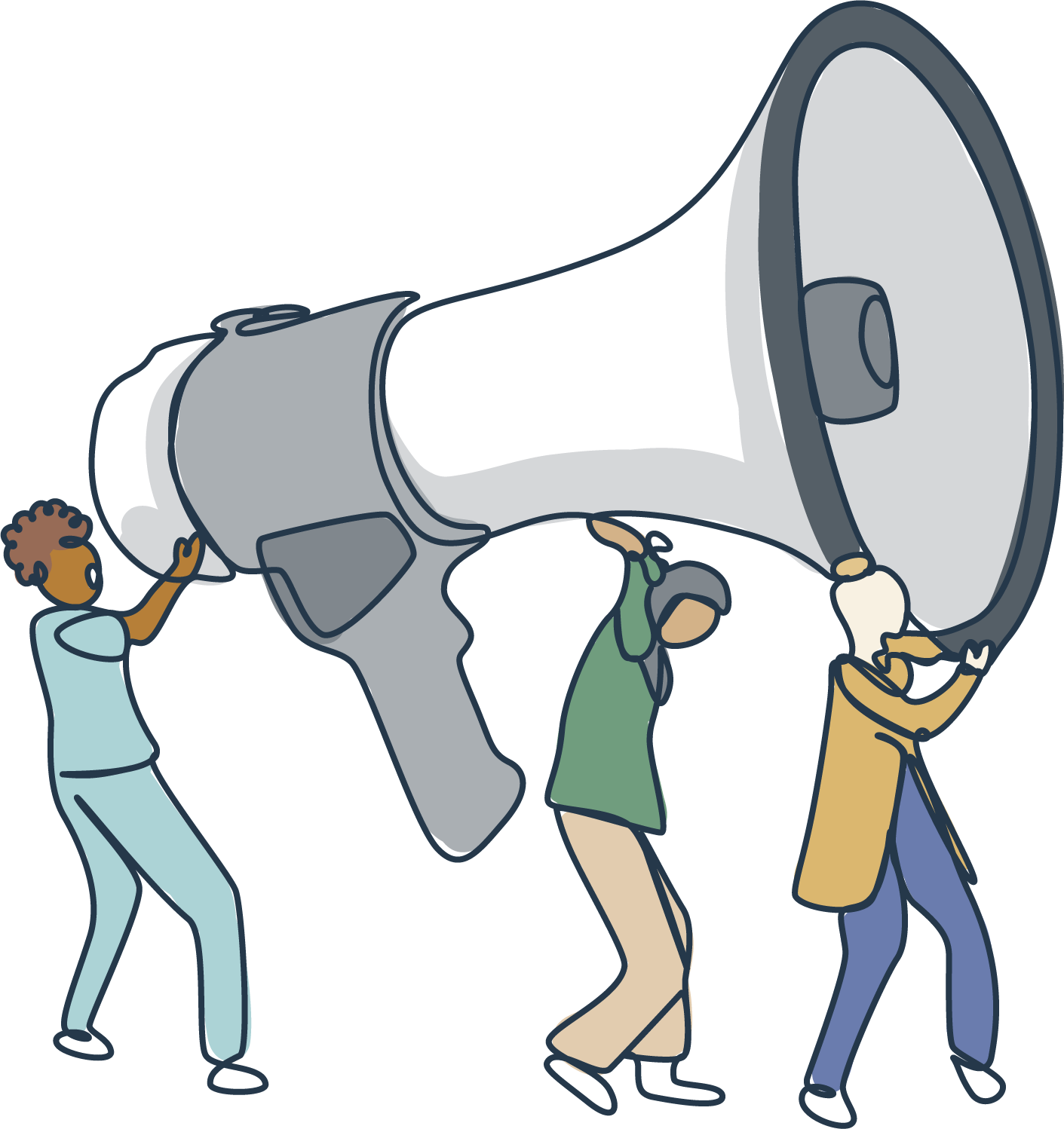 Illustration of three people working together to lift and hold a large megaphone.