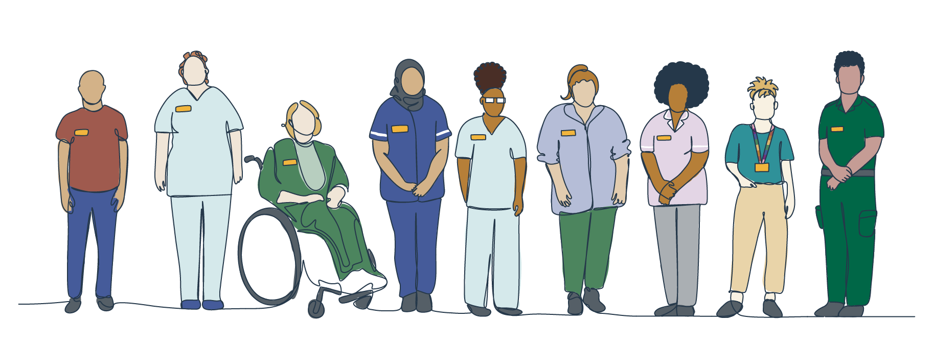 Lineup of diverse healthcare workers including nurses, doctors, and support staff in various uniforms standing side by side.