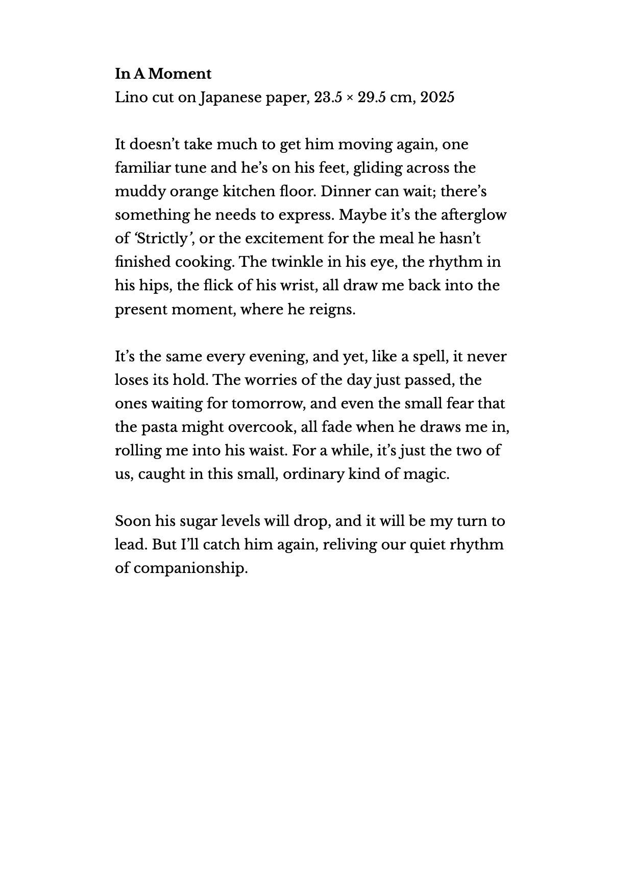 Literary text titled 'In A Moment' describing a scene with a person in a kitchen reflecting on a moment of connection, with details about the setting, emotions, and thoughts.