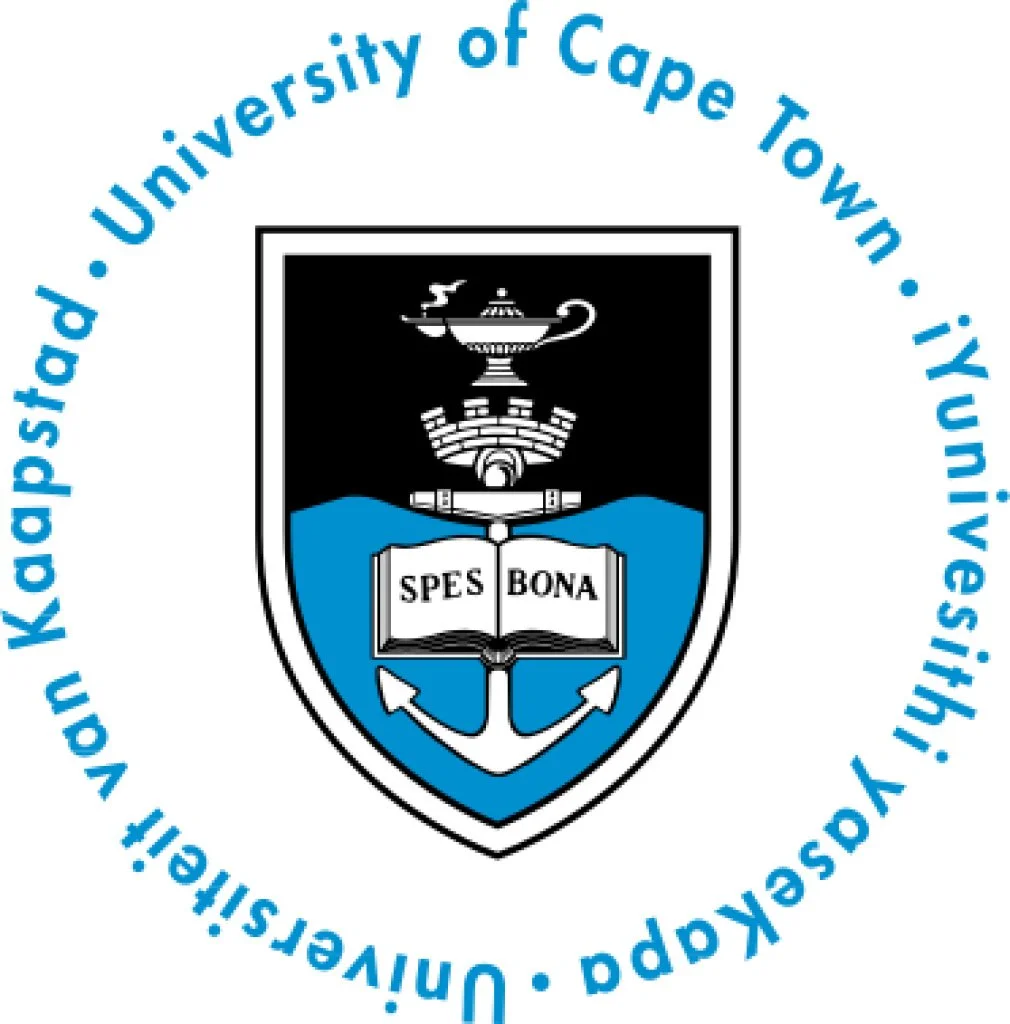 University of Cape Town emblem featuring a black shield with a white and blue design, a lamp, an anchor, a book open with 'SPE BONA' written, surrounded by the university's name in a circular blue font.