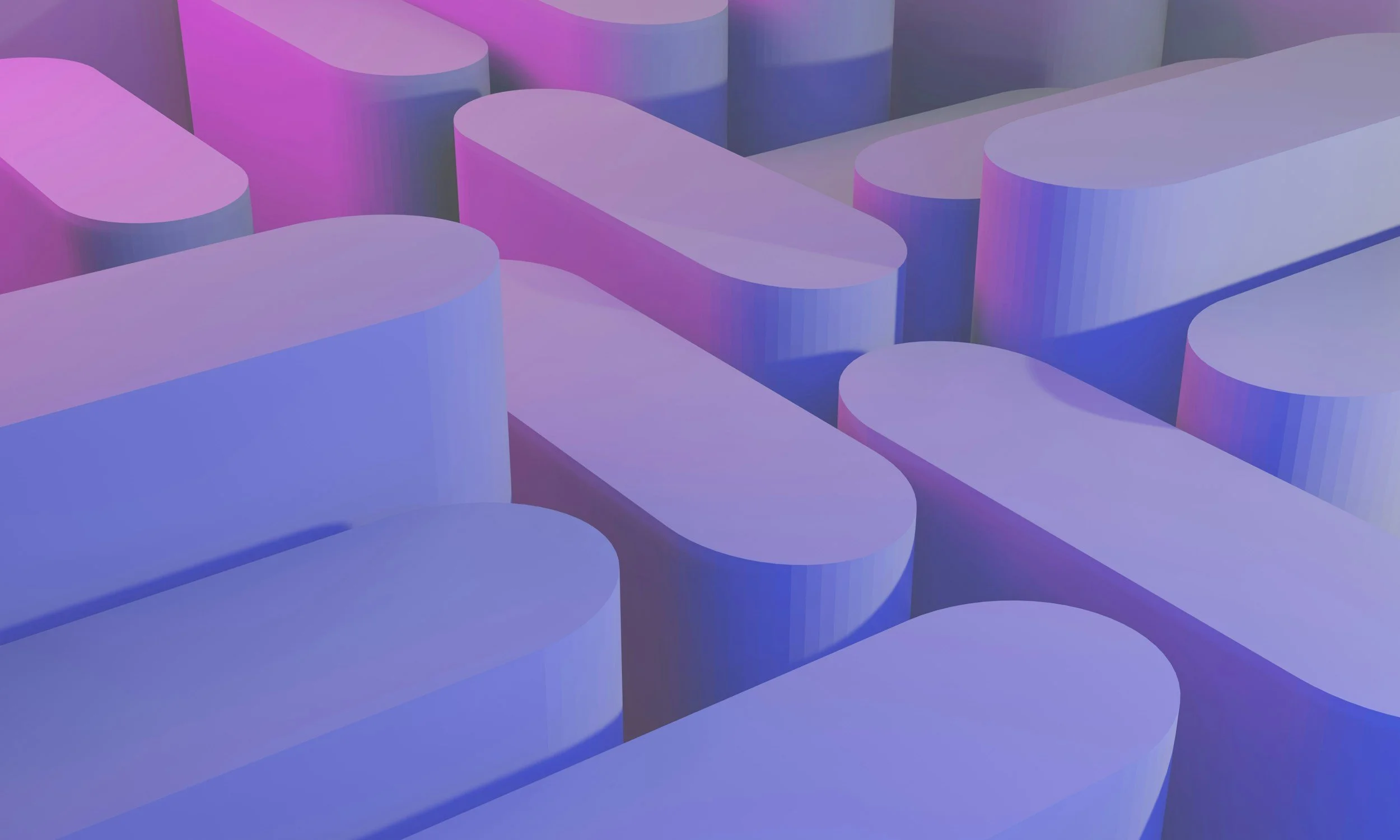 Close-up view of a digital 3D abstract art installation with rounded, elongated shapes in pink and blue hues, resembling a stylized landscape or abstract sculpture.
