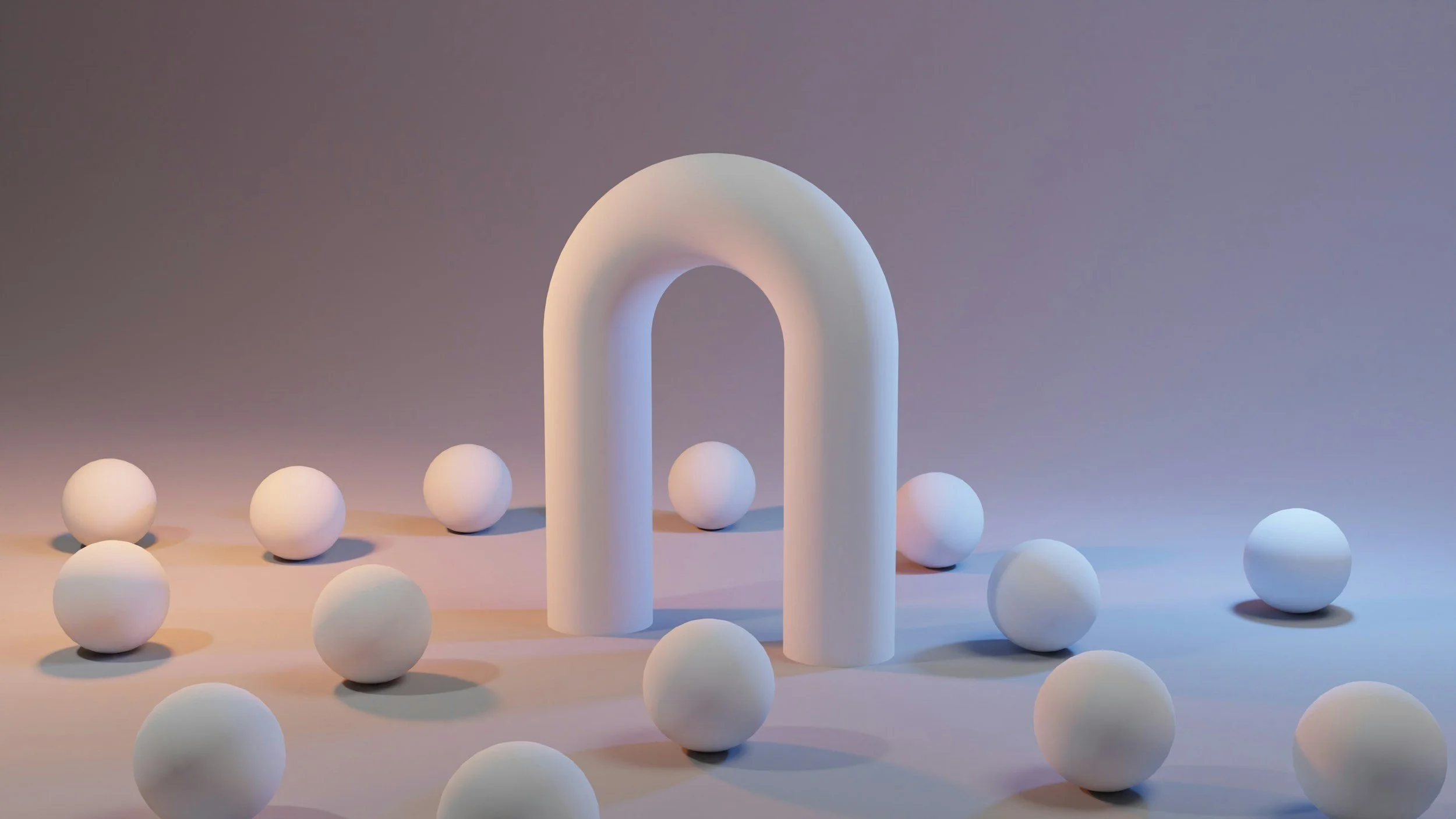 A minimalist scene with a white arch-shaped structure surrounded by scattered white spheres on a light-colored surface, against a gradient background.