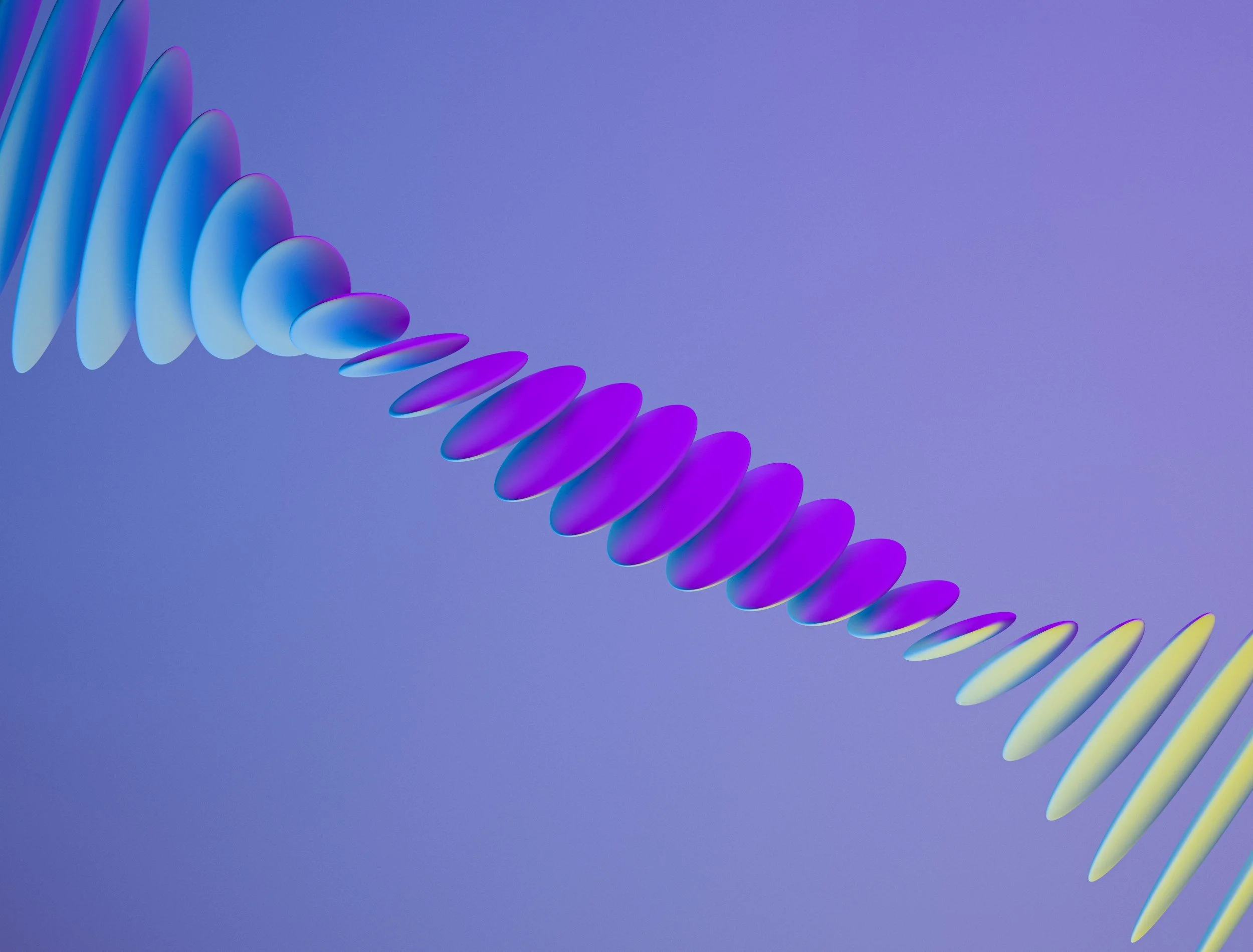 Abstract digital artwork featuring a series of oval-shaped, gradient-colored shapes arranged in a winding pattern on a purple-blue background.