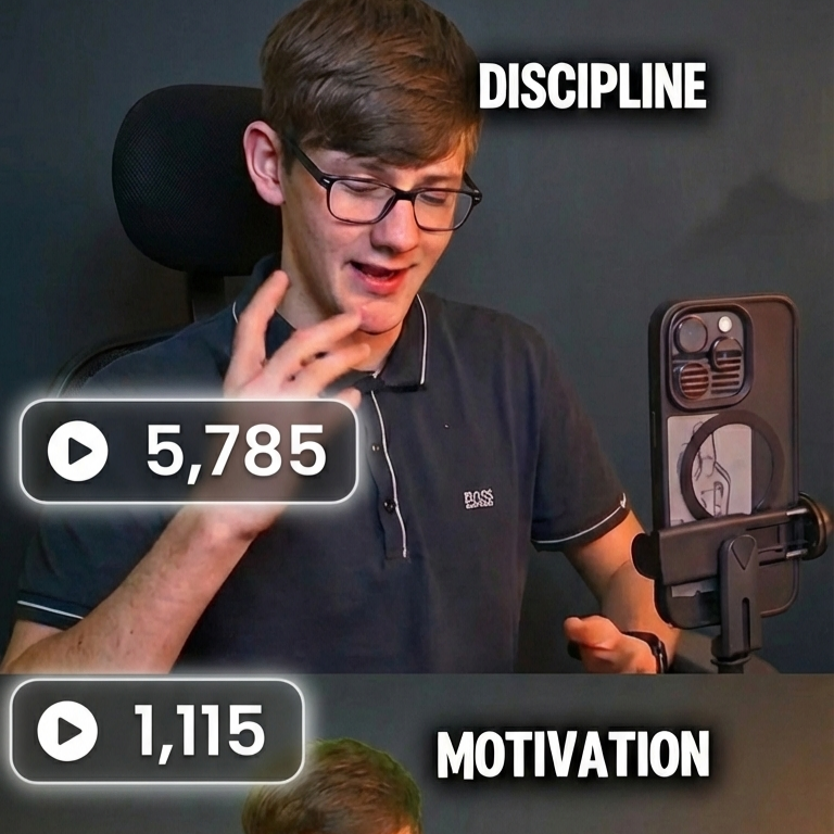 A young man with glasses speaking or explaining, sitting in front of a smartphone mounted on a stand, with overlaid text labels 'Discipline' above him and 'Motivation' below him. The image shows engagement metrics with play counts of 5,785 and 1,115 respectively.