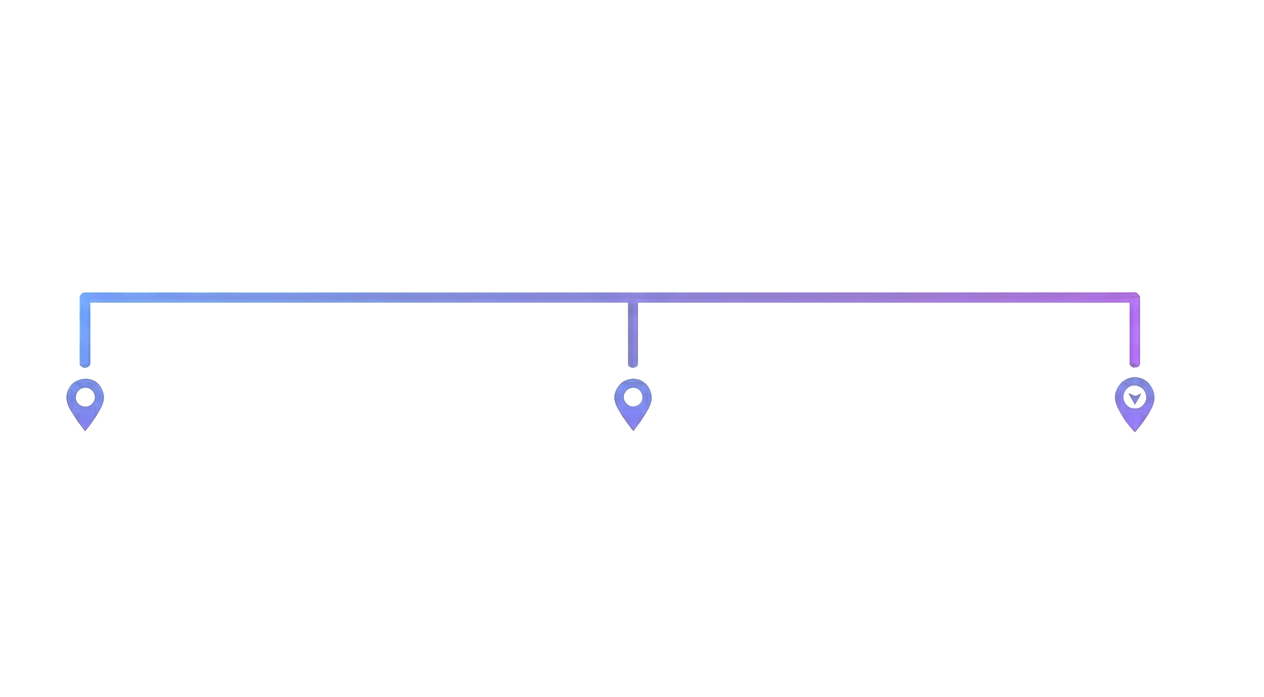 A horizontal gradient line with three location pins attached, from left to right: a purple pin with a dot in the center, a purple pin with no marking, and a purple pin with a downward arrow inside.