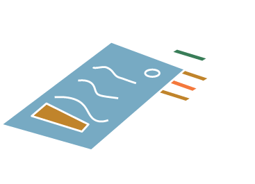 To papirark med tekst og grafiske elementer, plassert på en svart overflate