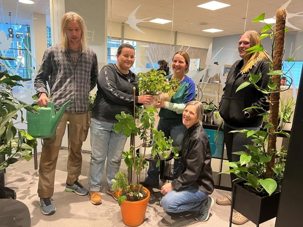 Fem mennesker står innendørs omgitt av grønne planter, og en person holder en plante. En av personene er på kne, og alle smiler.