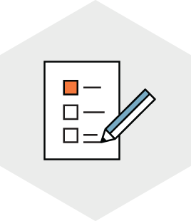 En skisse av en sjekkliste med en blyant, hvor ett punkt er merket med en oransje boks.