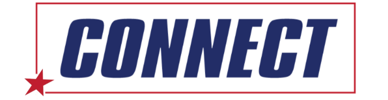 A graphic with the word "CONNECT" in blue uppercase letters, a red star in the bottom left corner, and a red border surrounding the design.