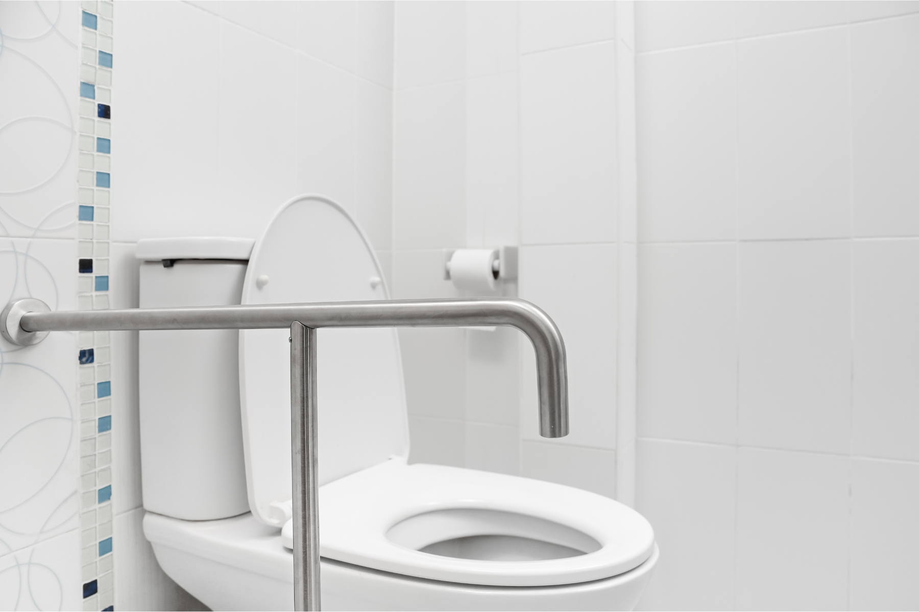Toilet in the home of a North Lakes NDIS participant  with mobility aids beside the toilet to assist with transfer to and from the toielt