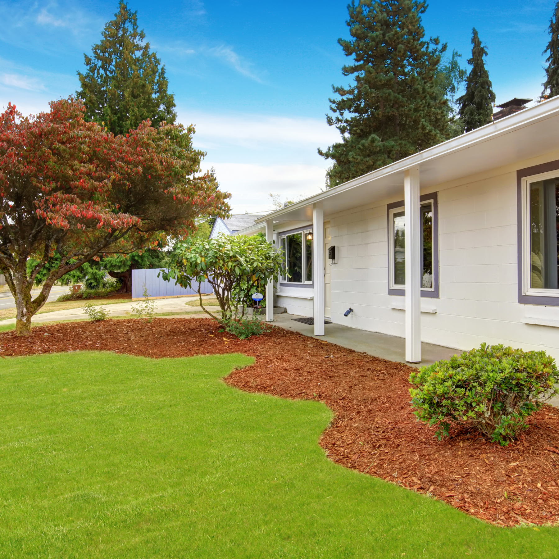 Caboolture home with freshly cut grass and newly laid mulch in garden bed
