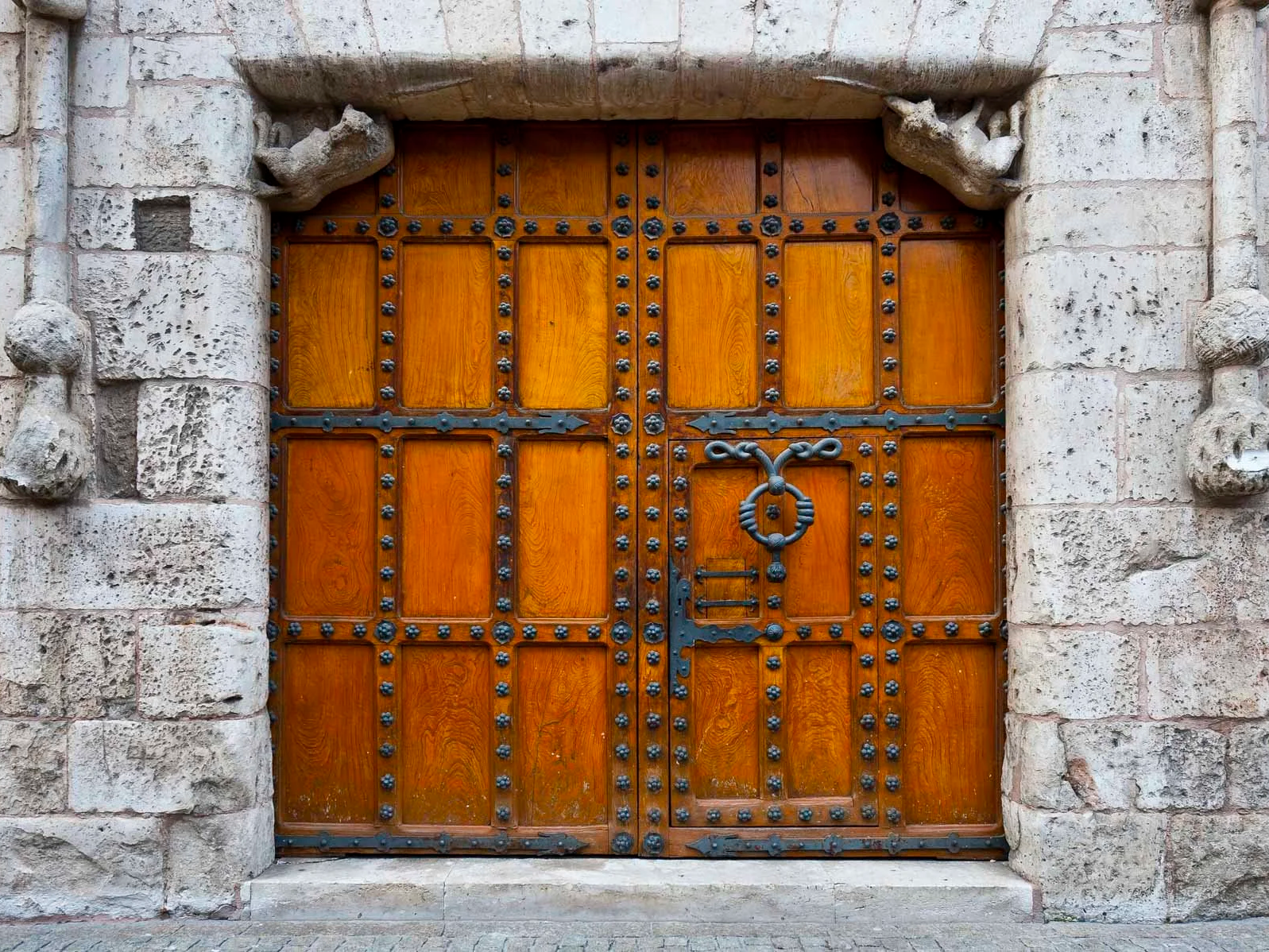 Puerta de madera con herrajes de hierro en un marco de piedra, con detalles decorativos en las esquinas superiores.