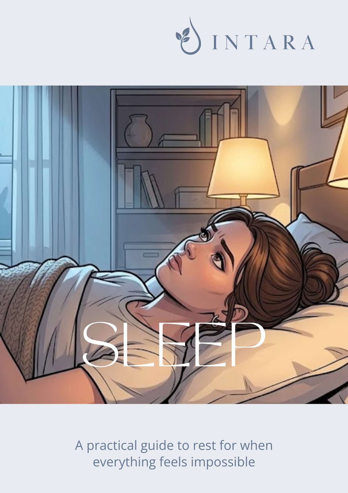 Illustration of a woman lying in bed awake, looking thoughtful, with a nightstand and lamp beside her. The book cover features the word 'SLEEP' in large letters and a logo with a plant and drop shape, and the text indicates it is a practical guide to rest.