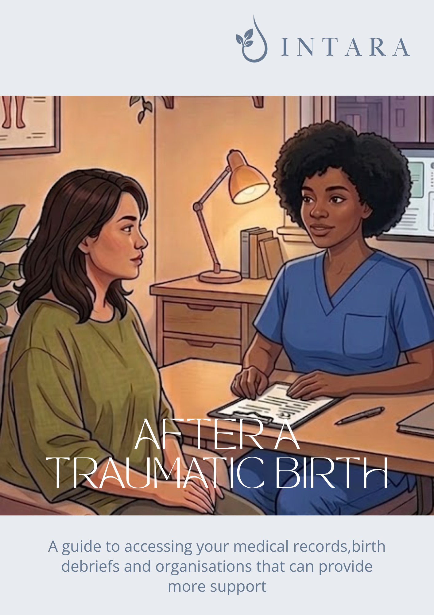 Illustration of two women in a medical office, one with dark brown, shoulder-length hair and a green top, the other with short curly black hair and blue scrubs, sitting at a desk with documents and a pen, in a cozy room with a lamp, TV, books, and framed art on the wall.
