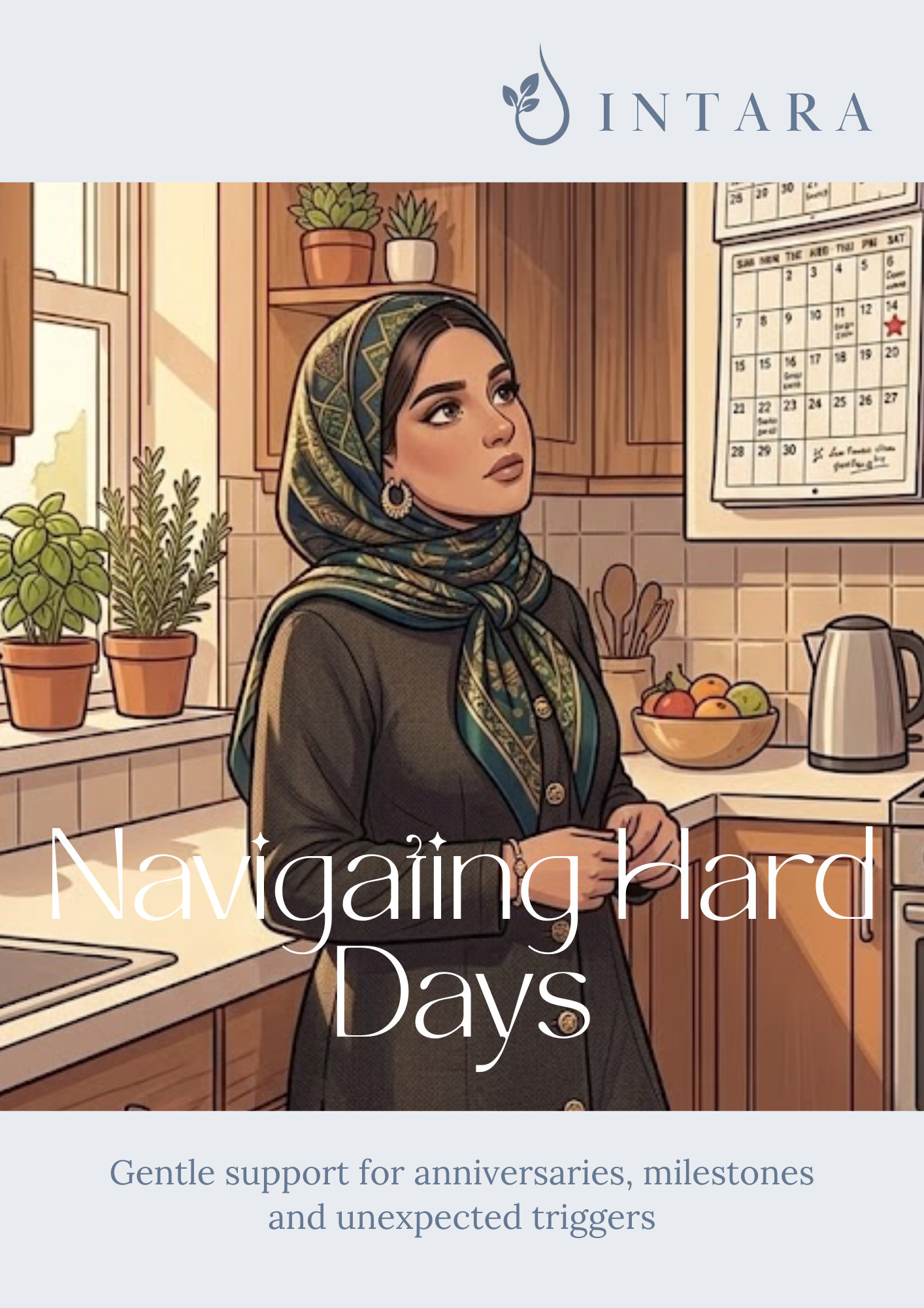 Illustration of a woman wearing a hijab and dark coat in a kitchen, with potted plants, a calendar, and a bowl of fruit on the counter, under the text 'Navigating Hard Days'.