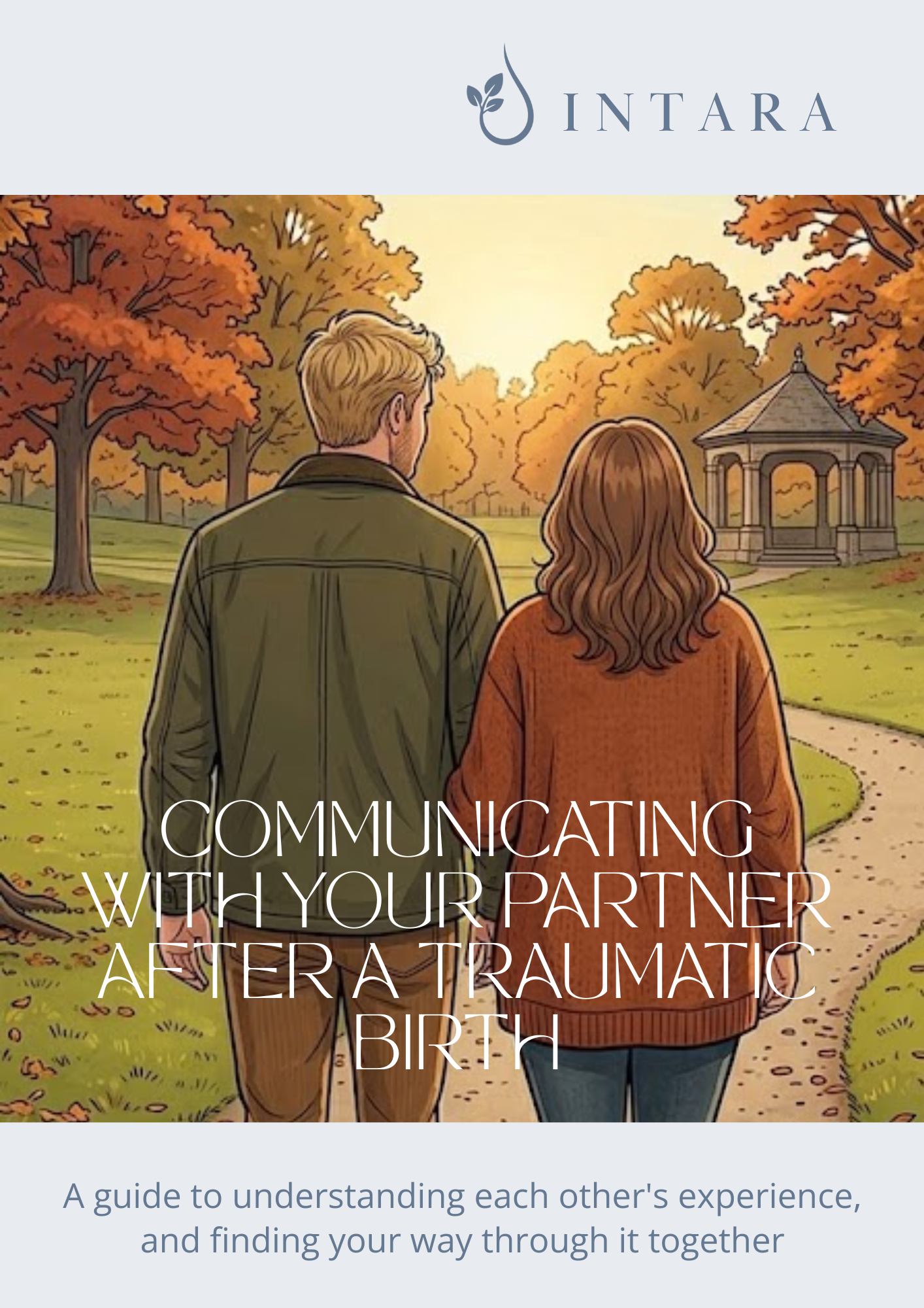 Drawing of a man and a woman walking in a park on an autumn day, with trees and a pavilion in the background. The woman has long, wavy hair and is wearing a rust-colored sweater, while the man has short, blond hair and is dressed in a green jacket.
