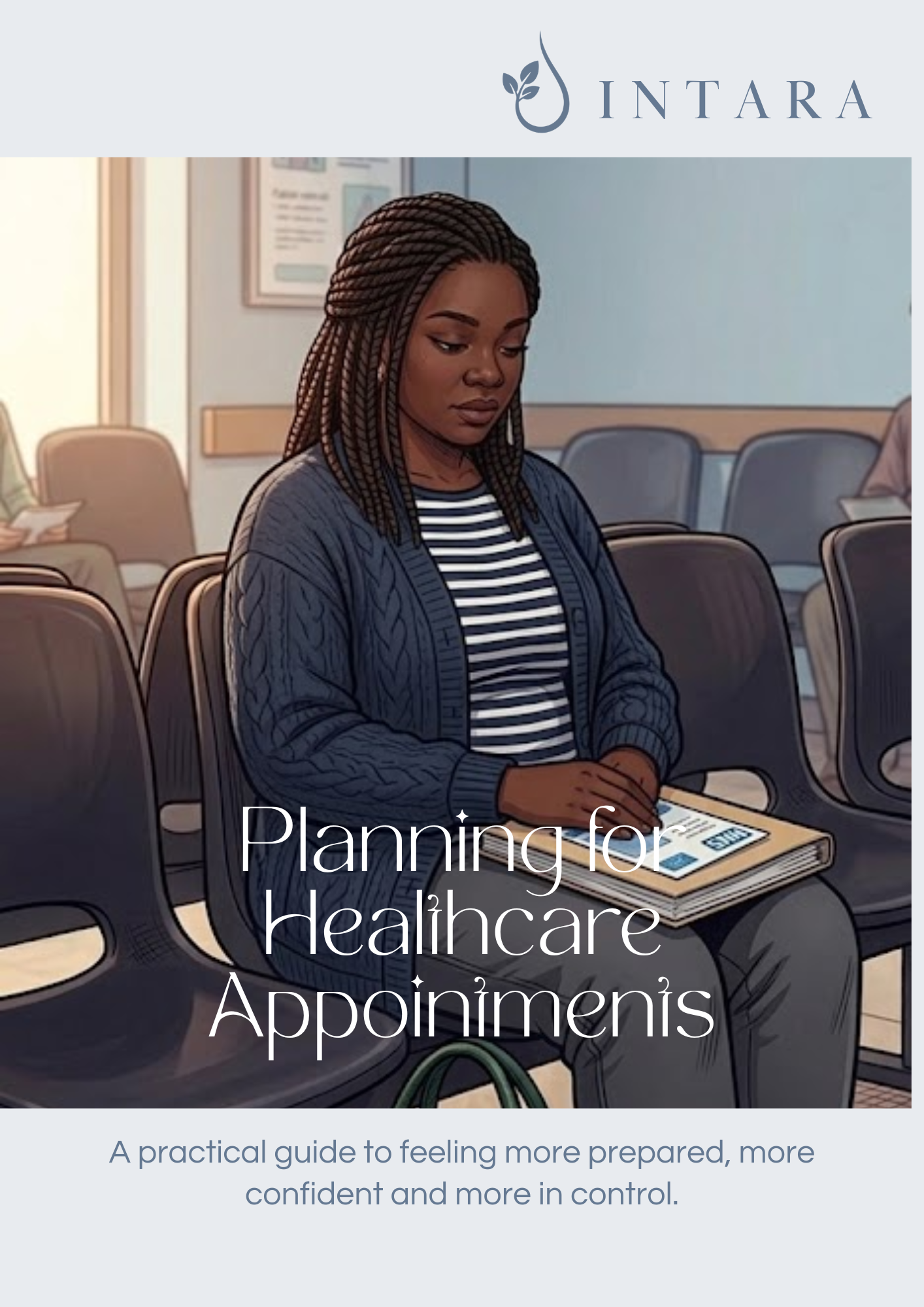 Illustration of a woman sitting in a waiting room, looking down at a clipboard, with chairs and a poster on the wall in the background, promoting healthcare appointment planning.